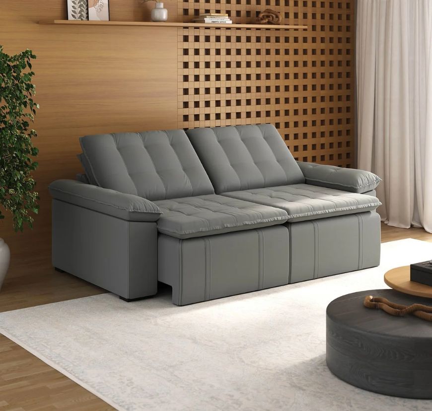 Sofá Cama Casal Retrátil e Reclinável 4 Lugares Veludo Cinza Palmeira 240cm CabeCasa MadeiraOriginals