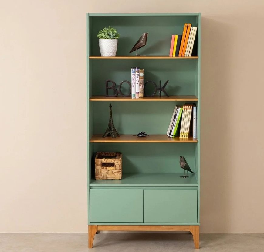 Estante 2 Portas com Prateleiras MDF com Pés de Madeira Maciça 170x80cm Bento Yescasa Verde/Sálvia/Amêndoa