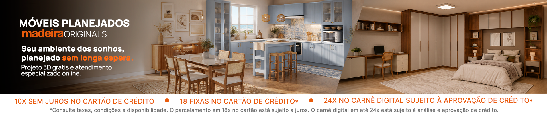 Móveis planejados MadeiraMadeira em diferentes ambientes, com cozinha, sala e quarto, destacando a possibilidade de projetar o ambiente de forma personalizada.