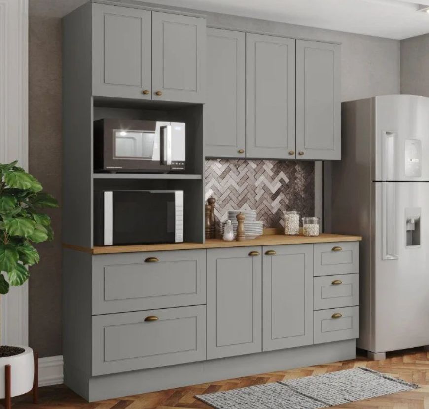 Cozinha Compacta 3 Peças com Torre Quente 100% MDF Cinza/ Nature Americana