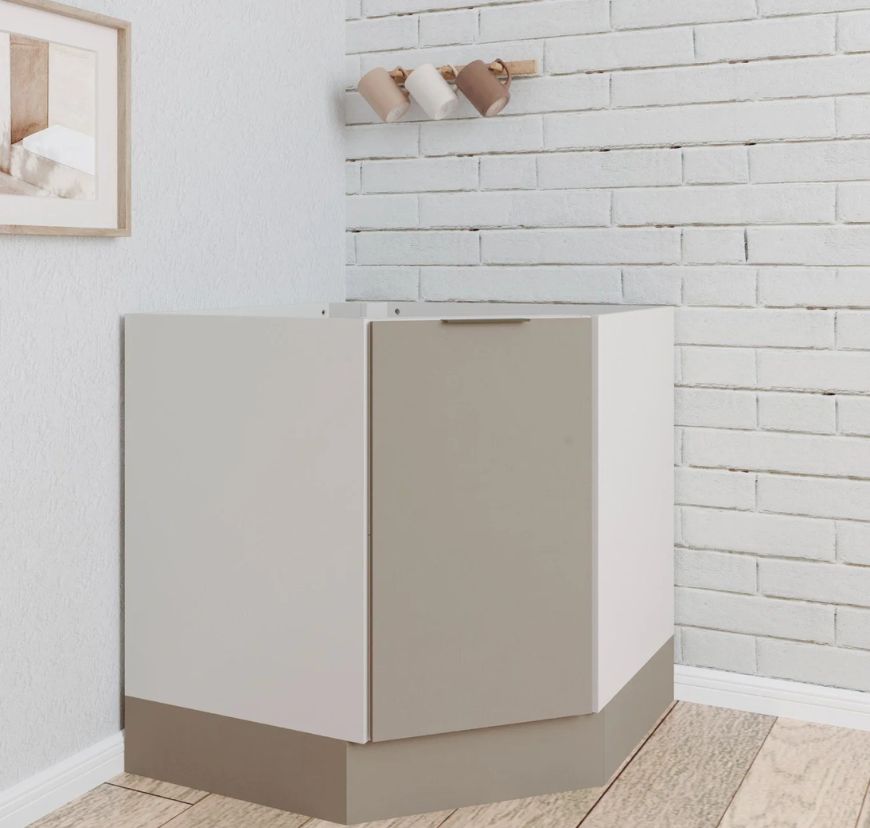 Balcão Canto Oblíquo Planejado sem Tampo com Rodapé Puxador 150mm Ipanema CabeCasa MadeiraOriginals Bege/Fendi Trama/Branco