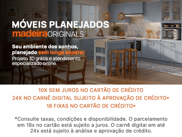 Móveis planejados MadeiraMadeira Móveis planejados MadeiraMadeira em diferentes ambientes, com cozinha, sala e quarto, destacando a possibilidade de projetar o ambiente de forma personalizada.