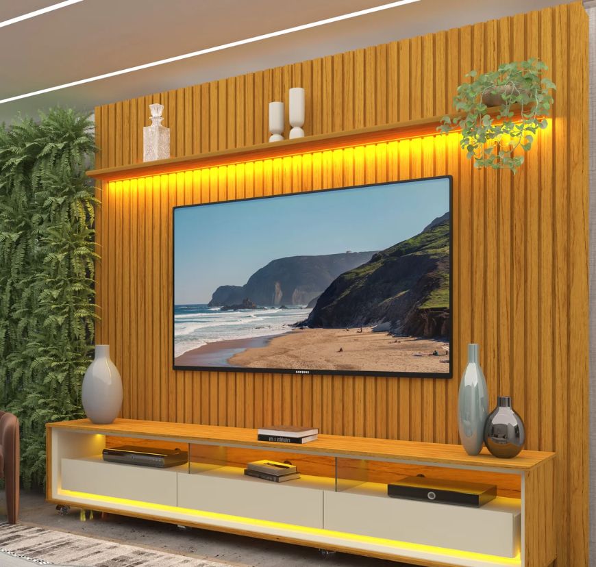 Rack com painel ripado e LED