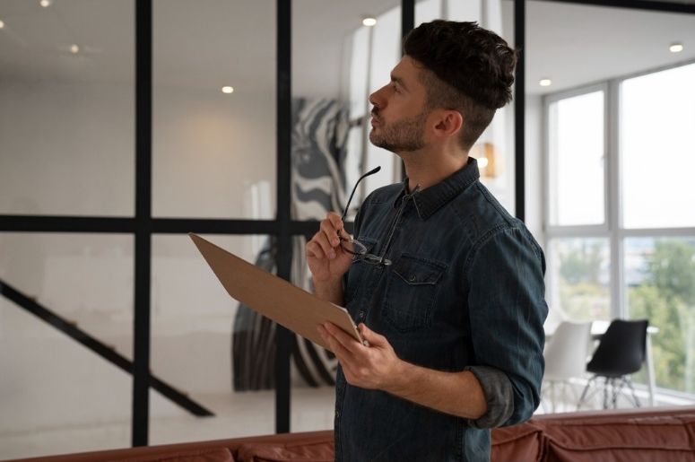 Homem analisando medidas de um ambiente interno