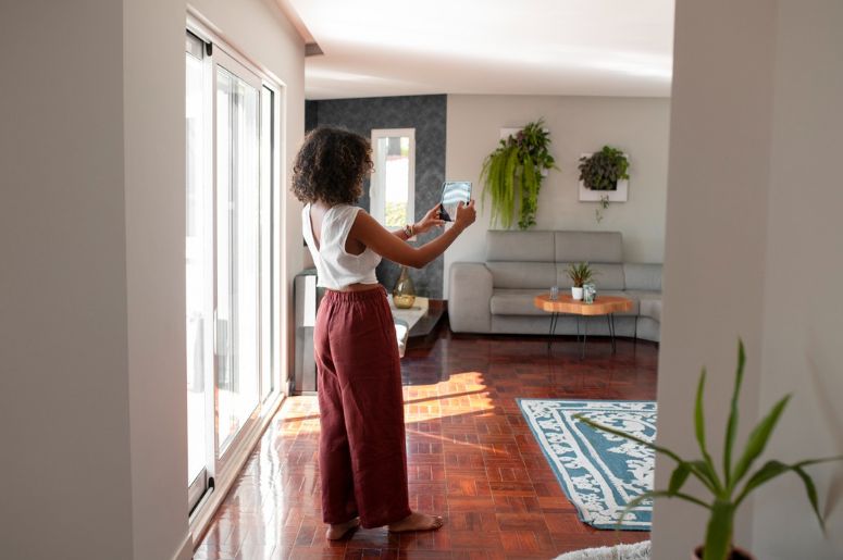 Mulher observando sala de apartamento pelo celular, com sofá compacto, mesa lateral e decoração funcional