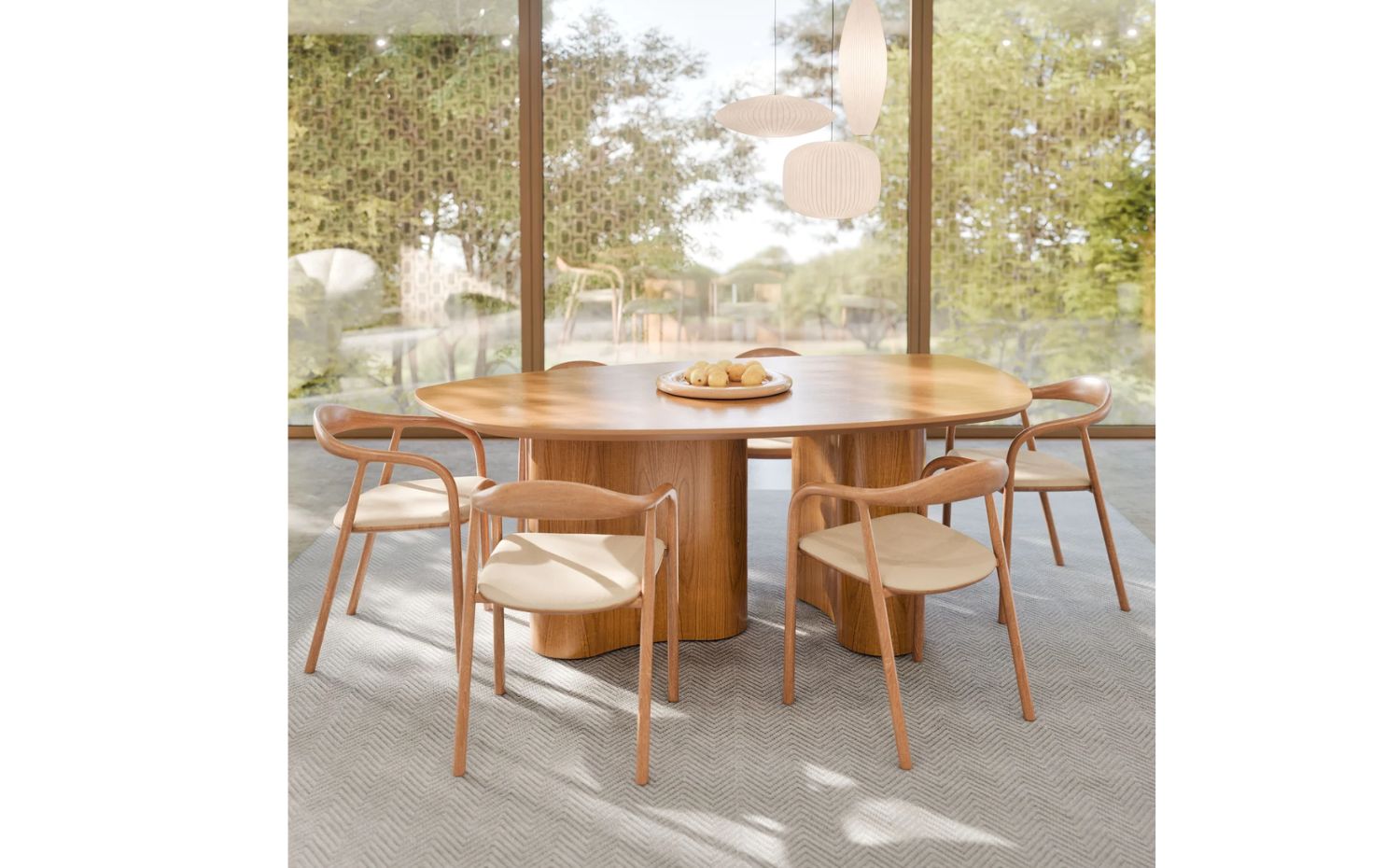 Conjunto de mesa de jantar oval de madeira com 6 cadeiras estofadas em bege