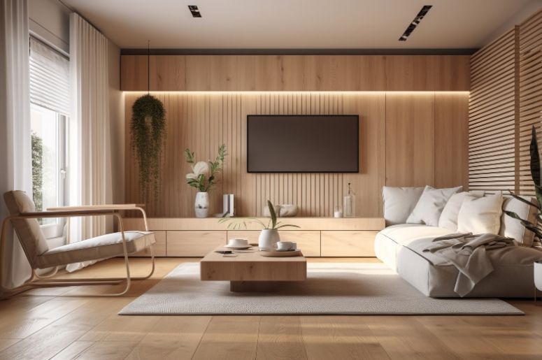 Sala de estar moderna em tons claros e madeira natural, com sofá branco, painel ripado com televisão, mesa de centro baixa, poltrona próxima à janela, plantas decorativas e iluminação indireta