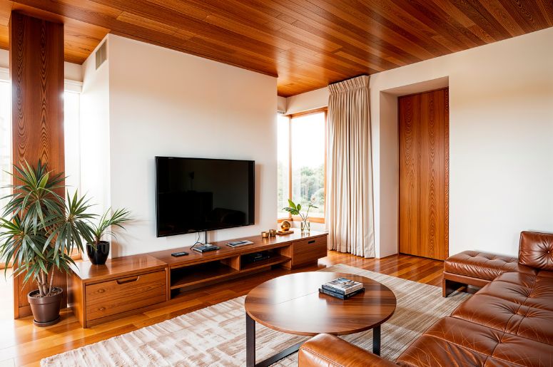 Sala de estar ampla e aconchegante com teto e piso de madeira, painel baixo com televisão, plantas decorativas, sofá e poltronas de couro marrom, mesa de centro redonda e tapete claro