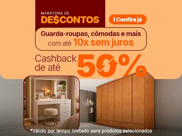 Maratona de Descontos: Quartos com parcelas até 10x sem juros + Cashback até 50% Mob
