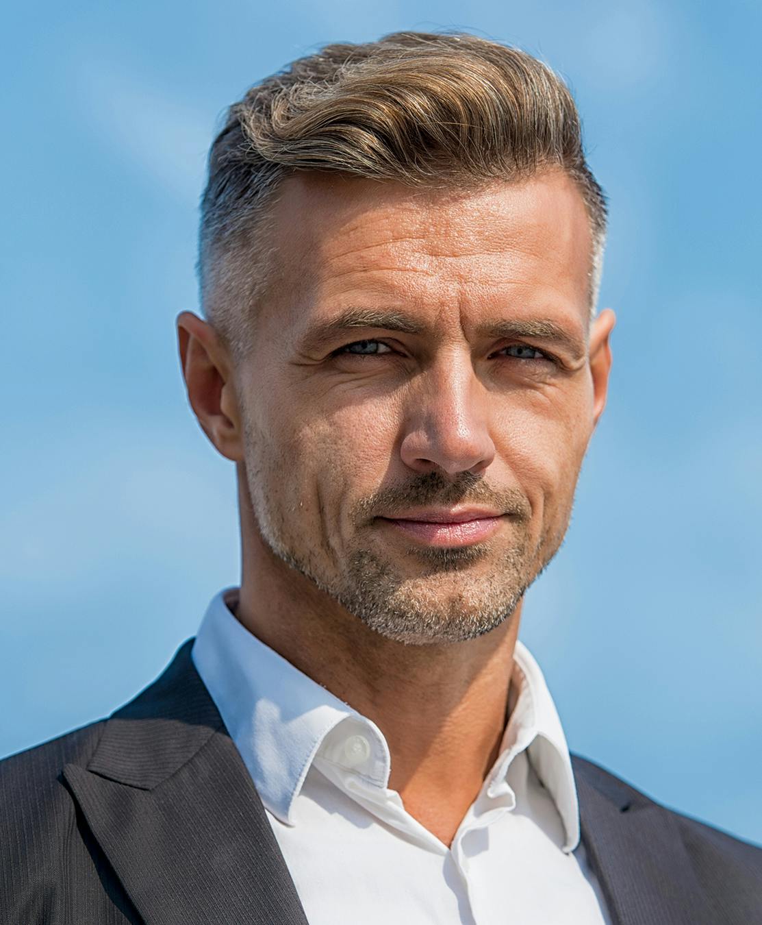 Man in suit with sky as the background.
