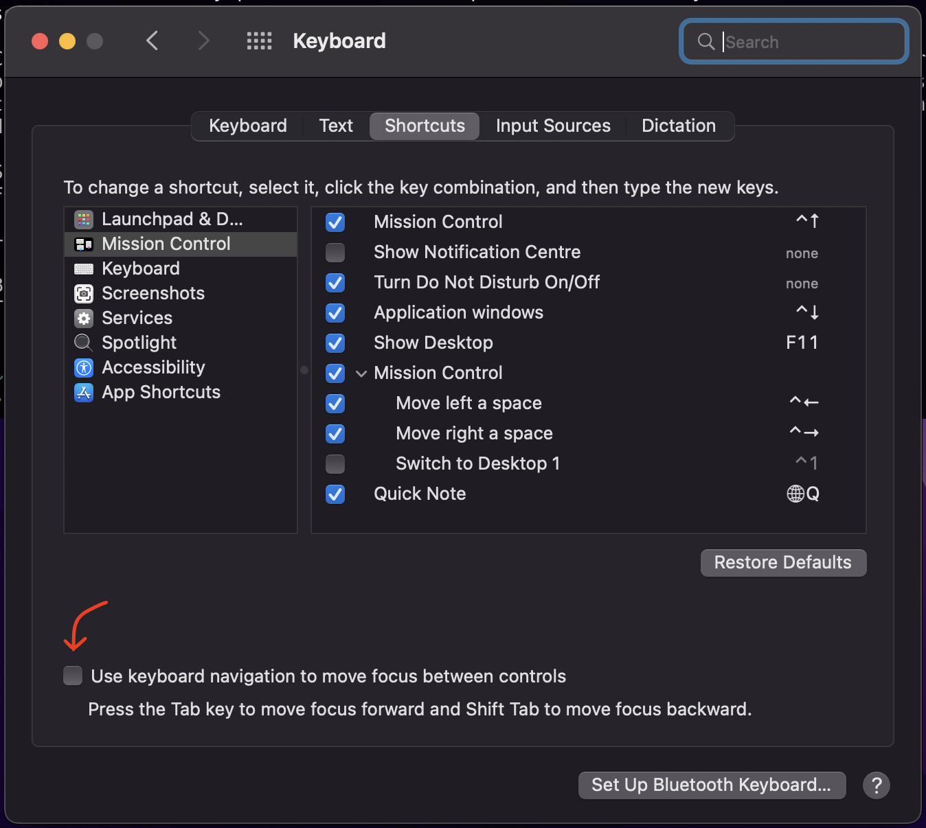 MacOS Keyboard Shortcut settings