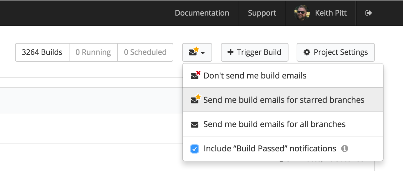 Buildkite project email settings dropdown