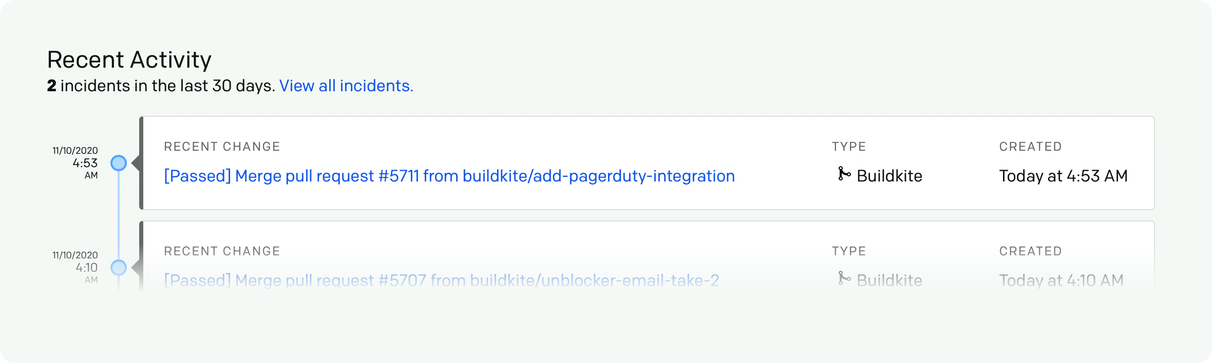 Screenshot of Buildkite builds within PagerDuty's Change Events page
