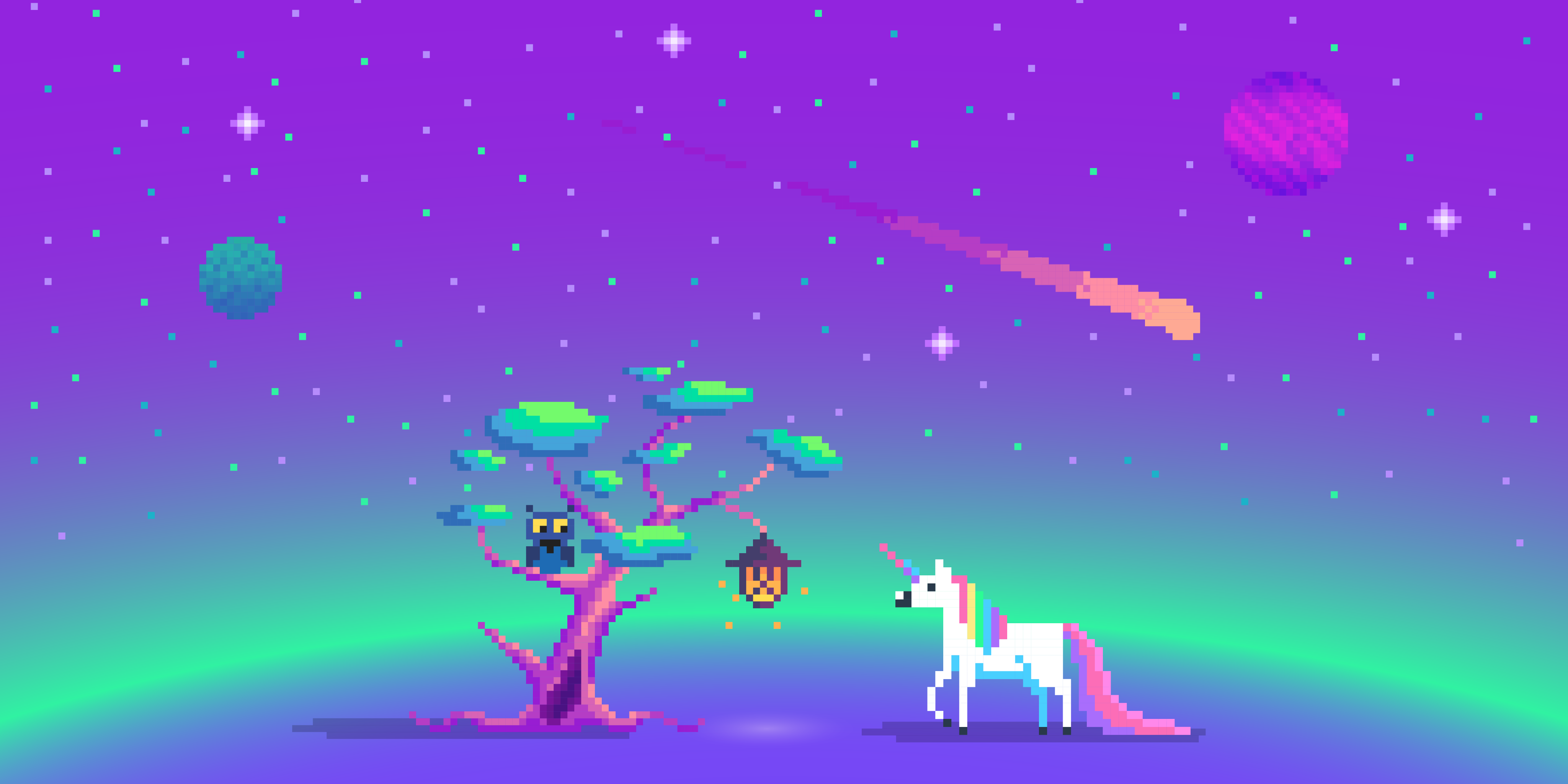 Pixel art of a unicorn next to a tree with an owl, under a galaxy with stars and a comet