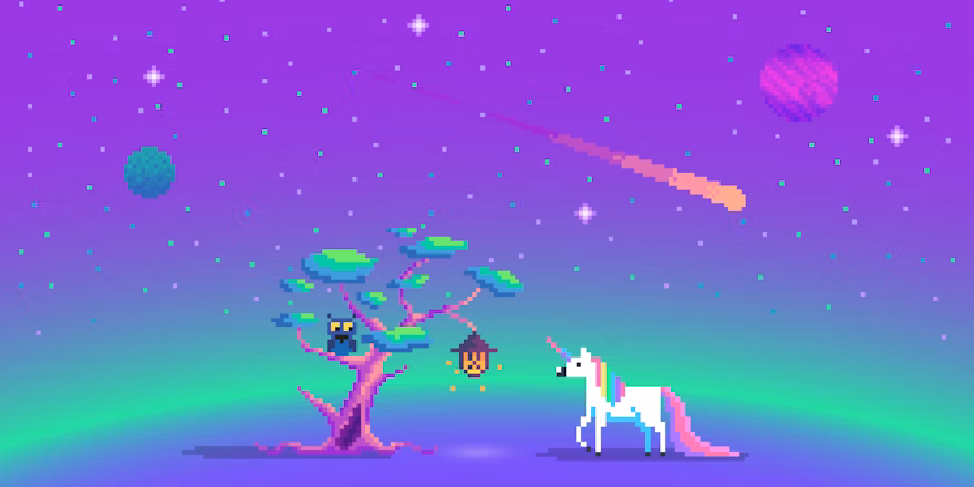 Pixel art of a unicorn next to a tree with an owl, under a galaxy with stars and a comet