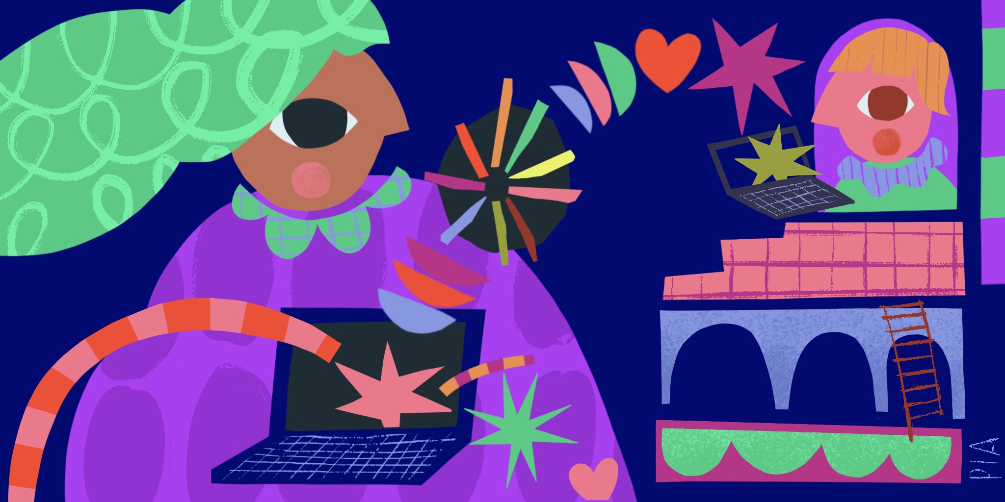 Abstract illustration of a woman with a laptop and colourful shapes flying out