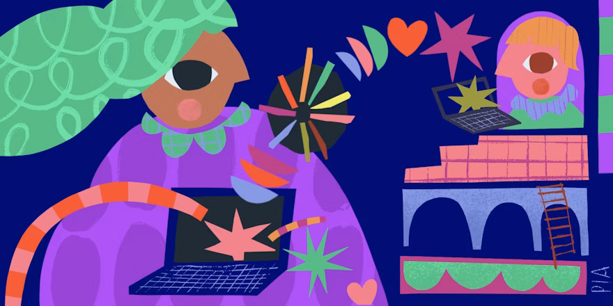Abstract illustration of a woman with a laptop and colourful shapes flying out