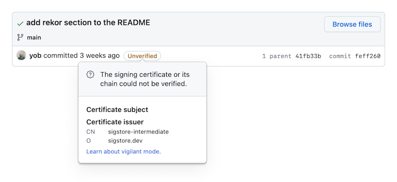 Screenshot of GitHub commit UI showing the certificate credentials of the git commit