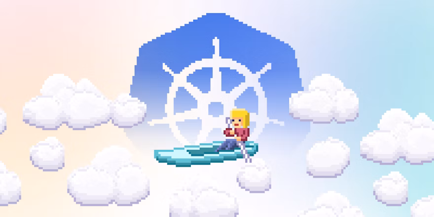 A person in a flying canoe paddles by the Kubernetes logo