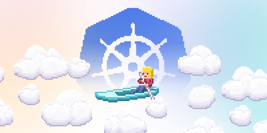 A person in a flying canoe paddles by the Kubernetes logo
