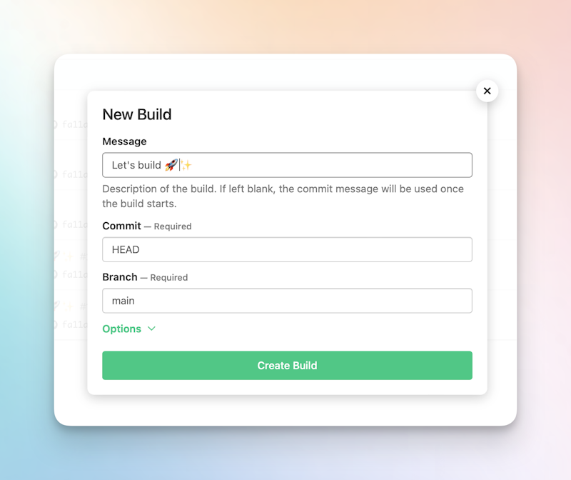New build form - with fields for message, commit, and branch. With a big create build button.