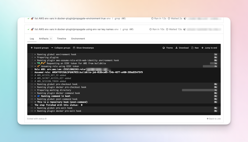 Showing the Buildkite logs that confirm the AWS role has been assumed.