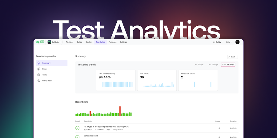 An image showing the UI dashboard of the Buildkite Observability product Test Analytics