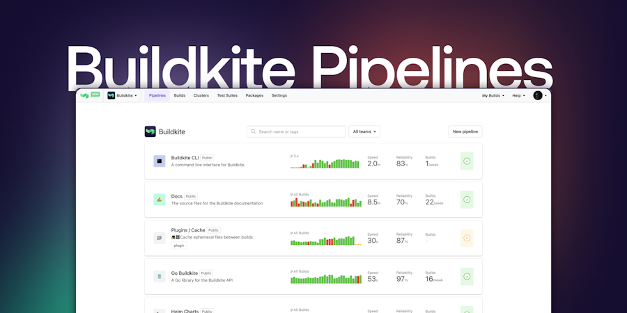 An image showing the UI dashboard of the Buildkite CI/CD product Pipelines