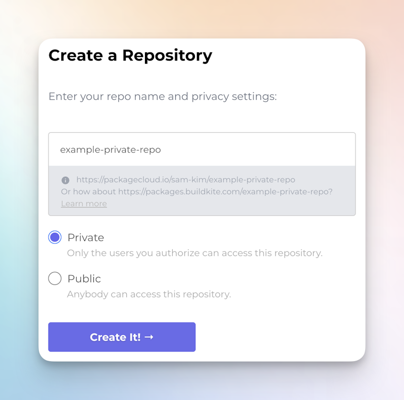 The create repository screen shows with "Private" selected