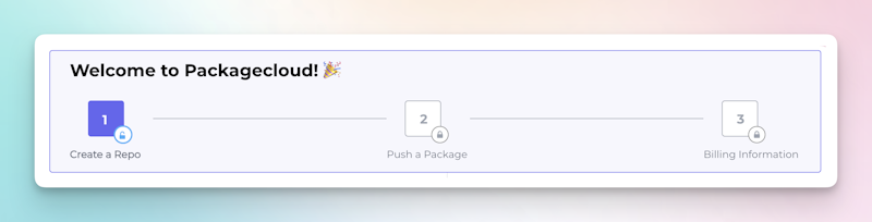 The onboarding flow shows steps to create a repo, push a package, and add billing information