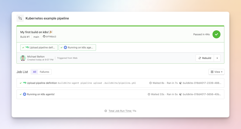 The Buildkite dashboard shows a successful run of the example pipeline