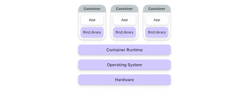 Multiple containers isolate the app and a Bin/Library, which all use a shared runtime, OS, and hardware.