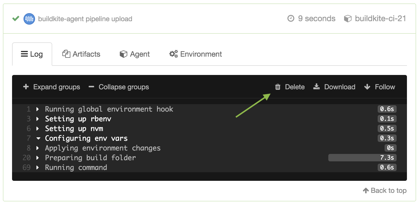 Delete job logs on Buildkite