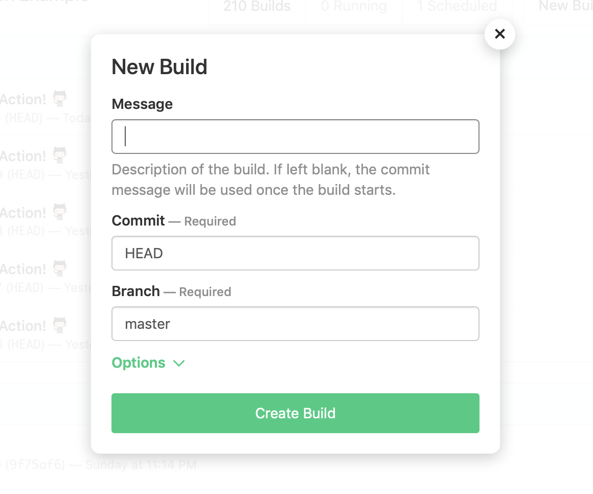 Screenshot of the New Build dialog