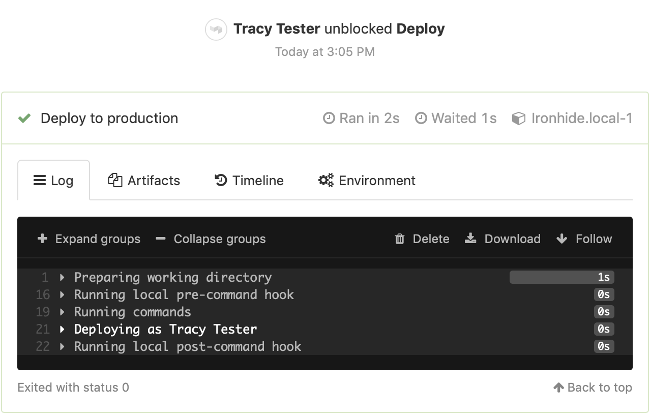 Block step which has been unblocked and a completely command job with the unblocker's name