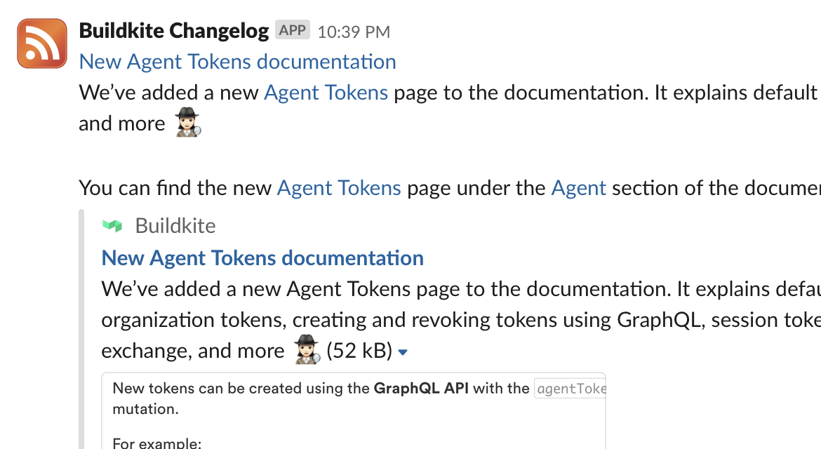Screenshot of the Changelog feed in Buildkite Community Chat Slack's announcements channel