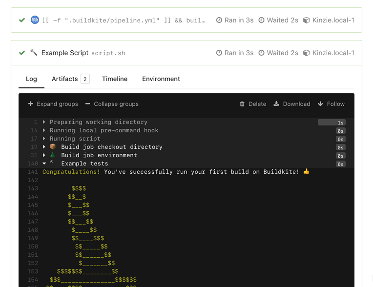 Gif of a set of build jobs being scrolled through. The second is expanded and its header sticks to the top of the screen as the user scrolls revealing more of the log.