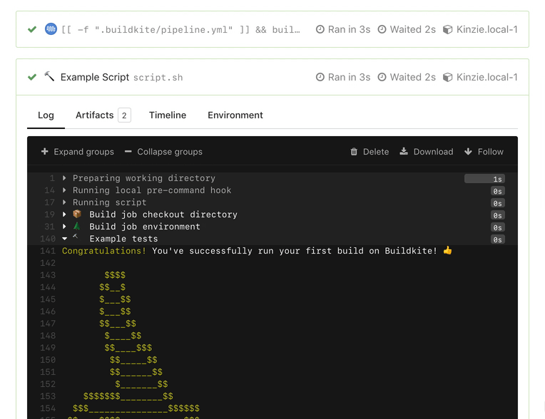 Gif of a set of build jobs being scrolled through. The second is expanded and its header sticks to the top of the screen as the user scrolls revealing more of the log.