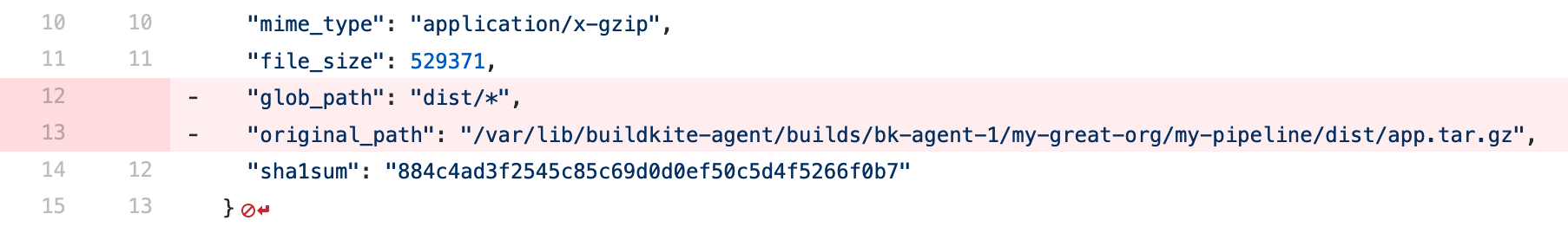 Diff showing the fields removed from a "Get Artifact" JSON response