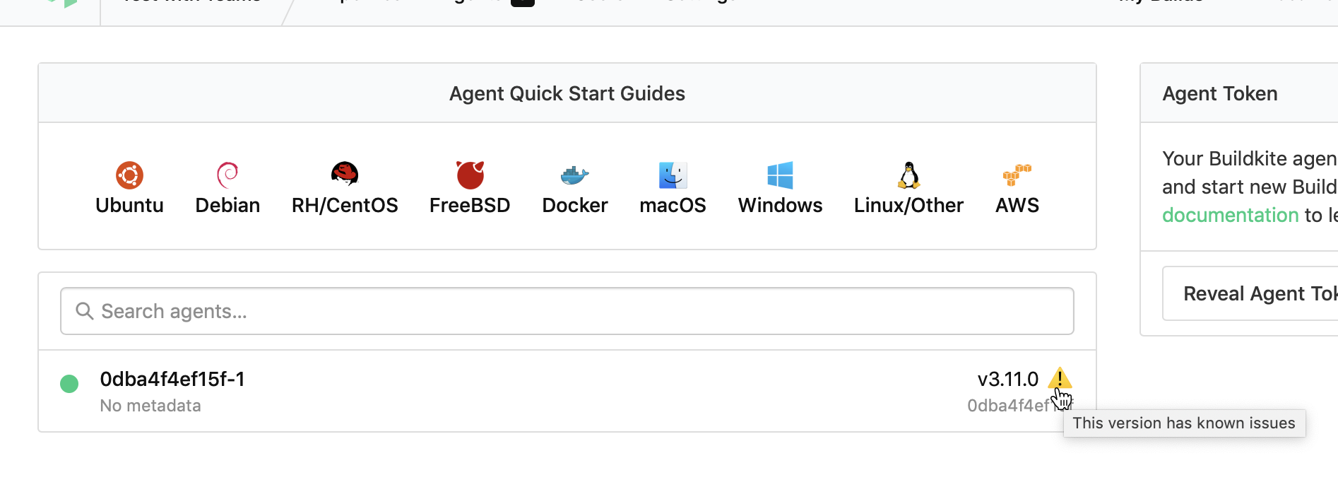Screenshot showing an agent with known issues