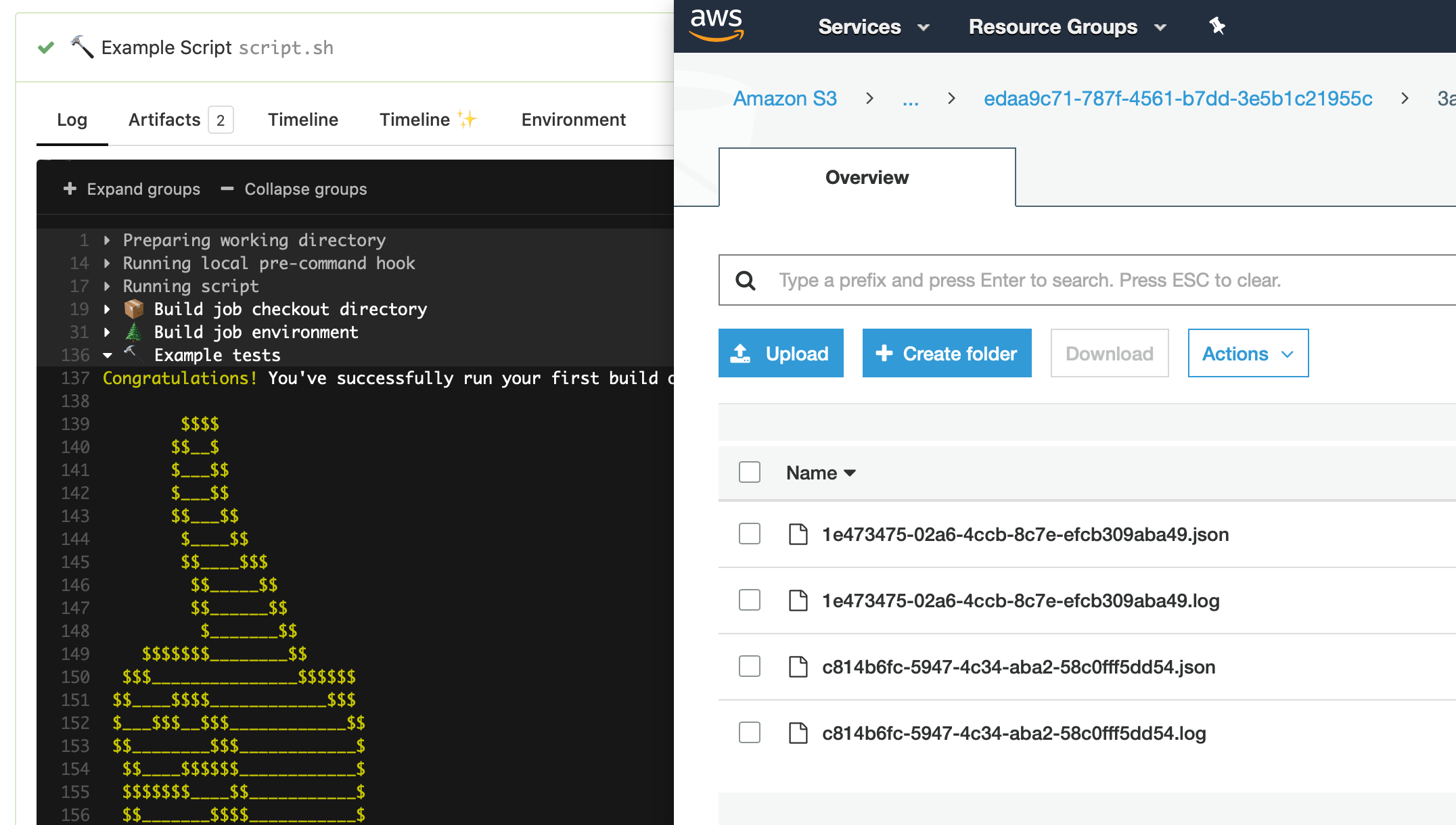 Screenshot of a build log and the S3 log in Buildkite