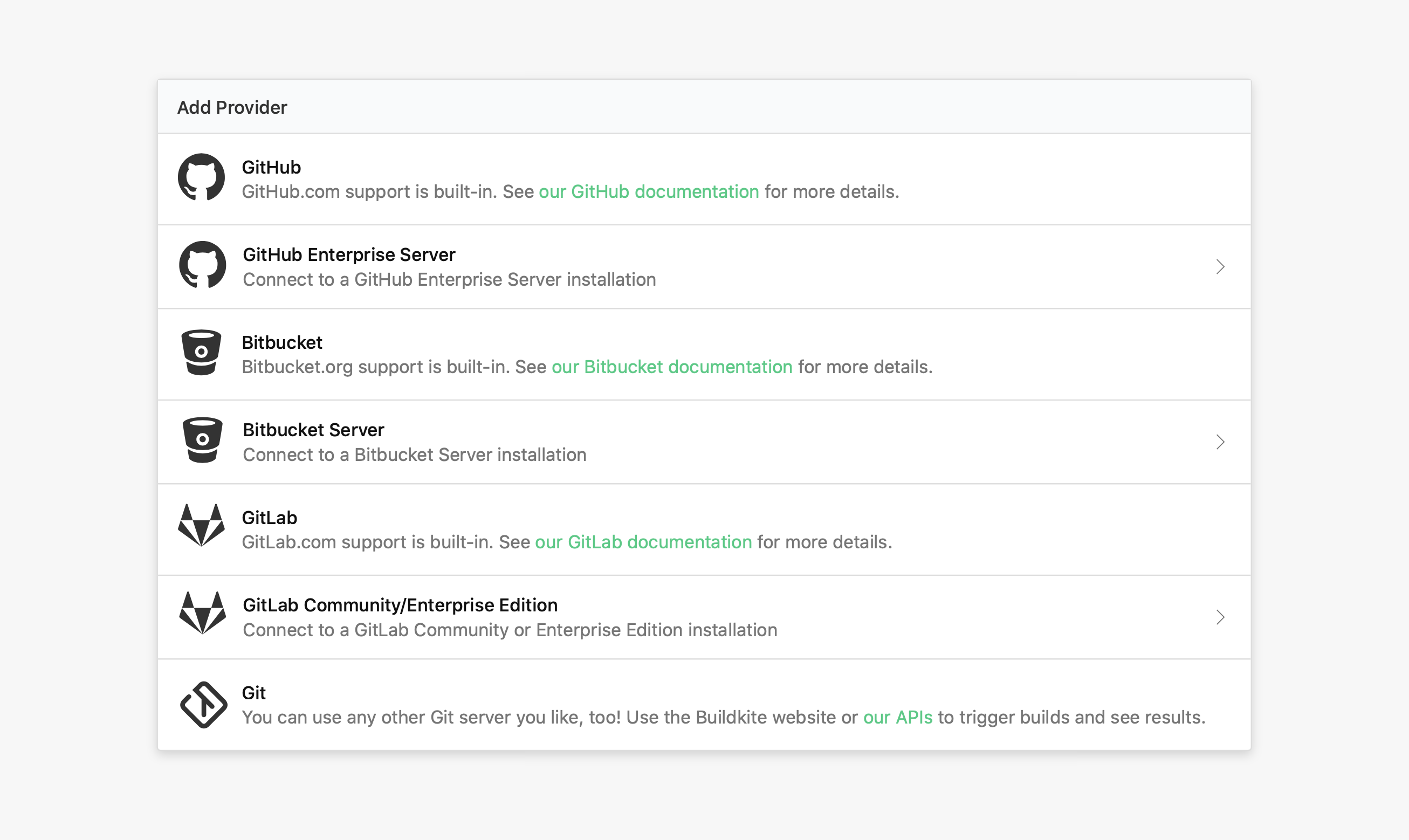 Add Provider interface showing all possible providers including GitHub, GitHub Enterprise Server, and others