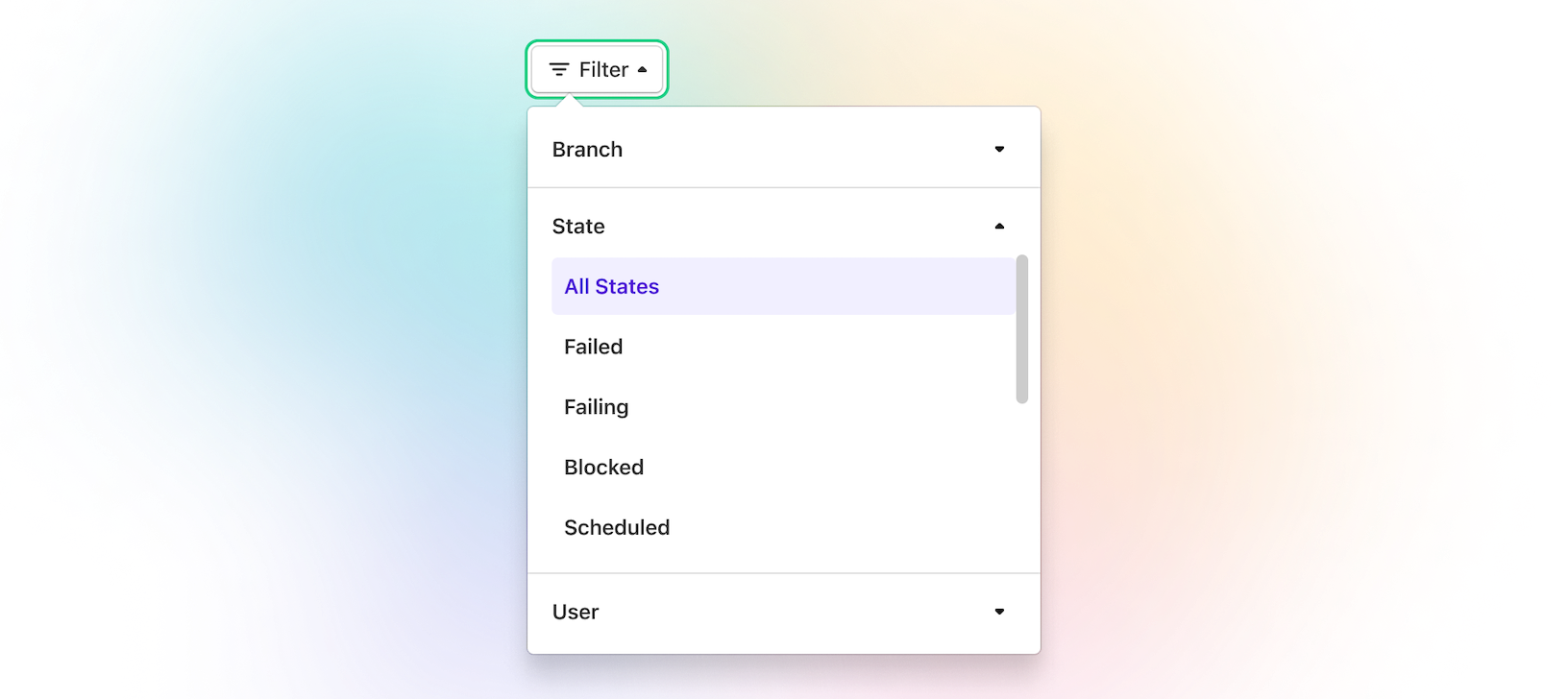 Find what you care about faster. Filter to see your own builds, in‑progress builds, failed or all builds.