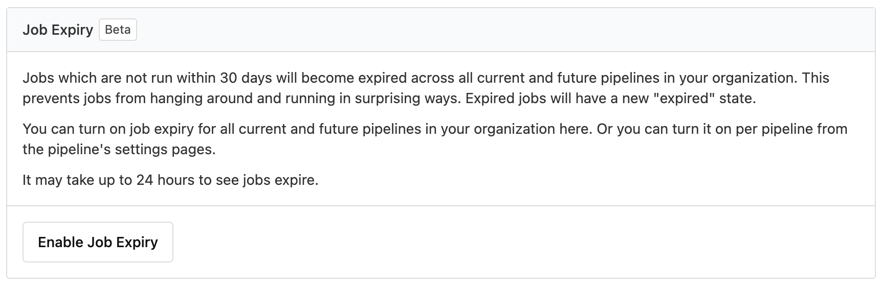 Settings page showing job expiry enable button