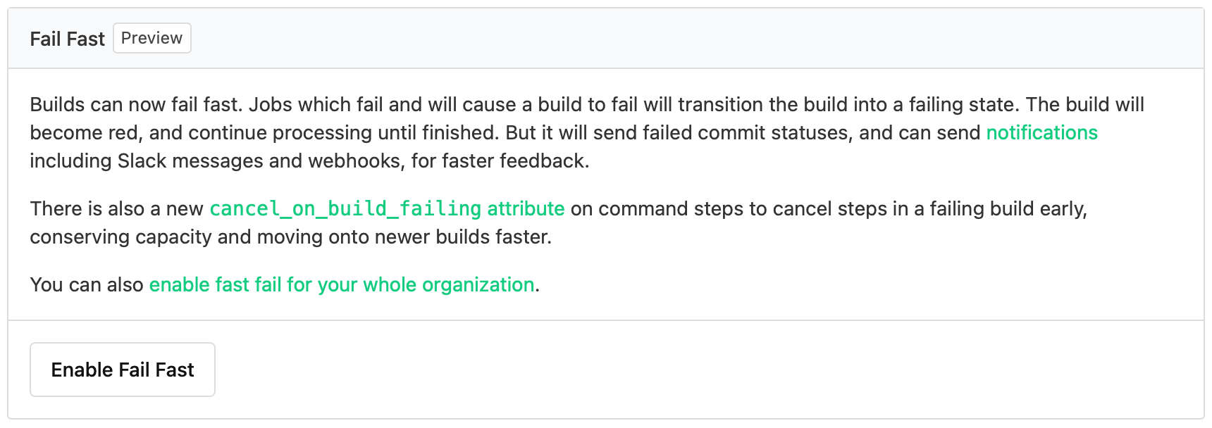 Fail Fast configuration panel with "Enable Fail Fast" button