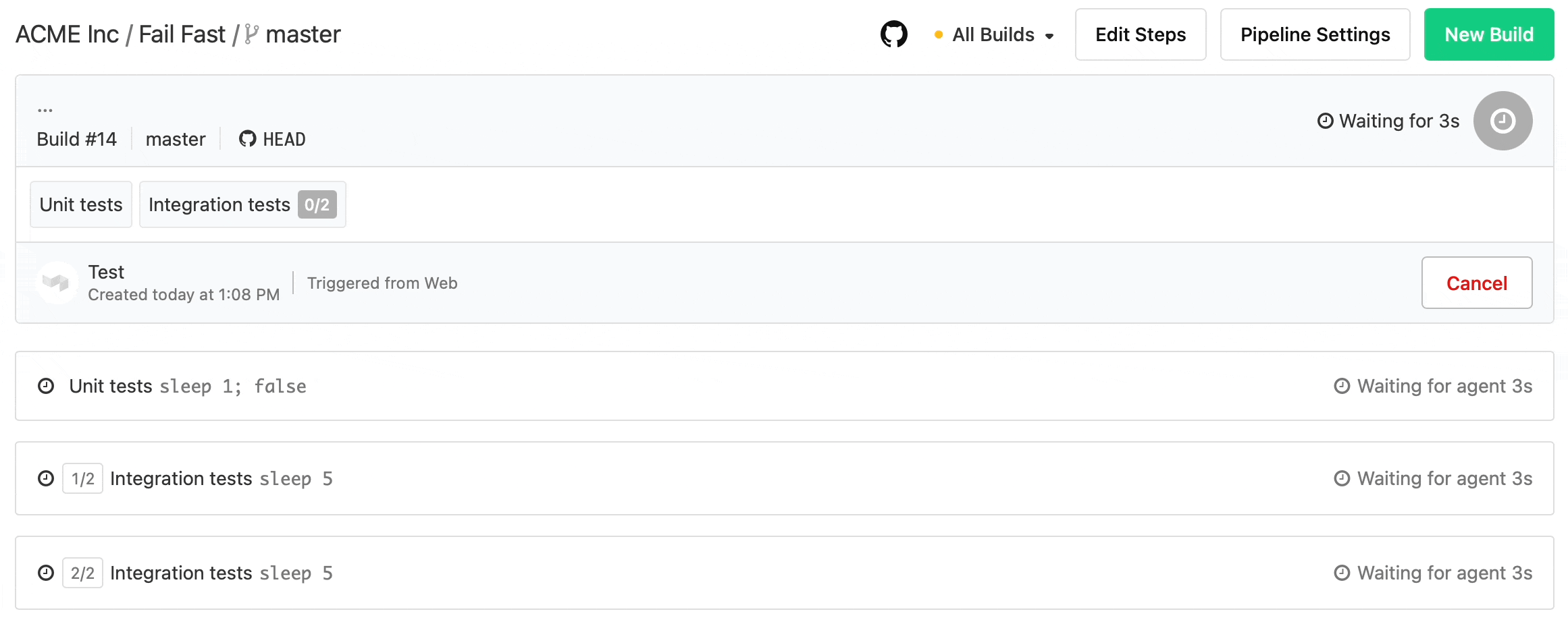 A build with a job which fails early and makes the build appear to be failing while the rest of the jobs runs