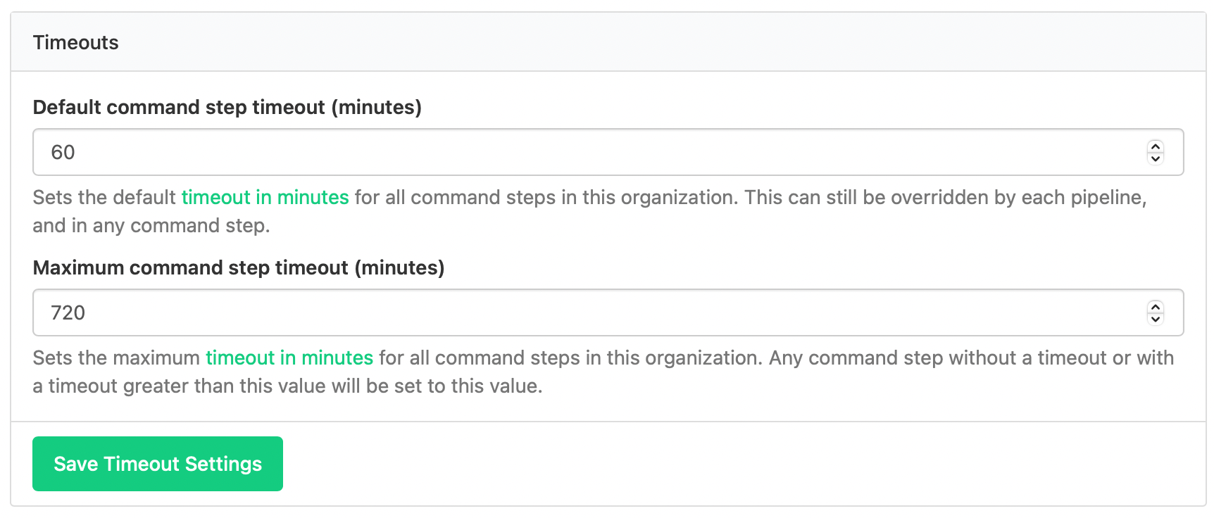 Timeouts configuration pane showing default and maximum timeout fields