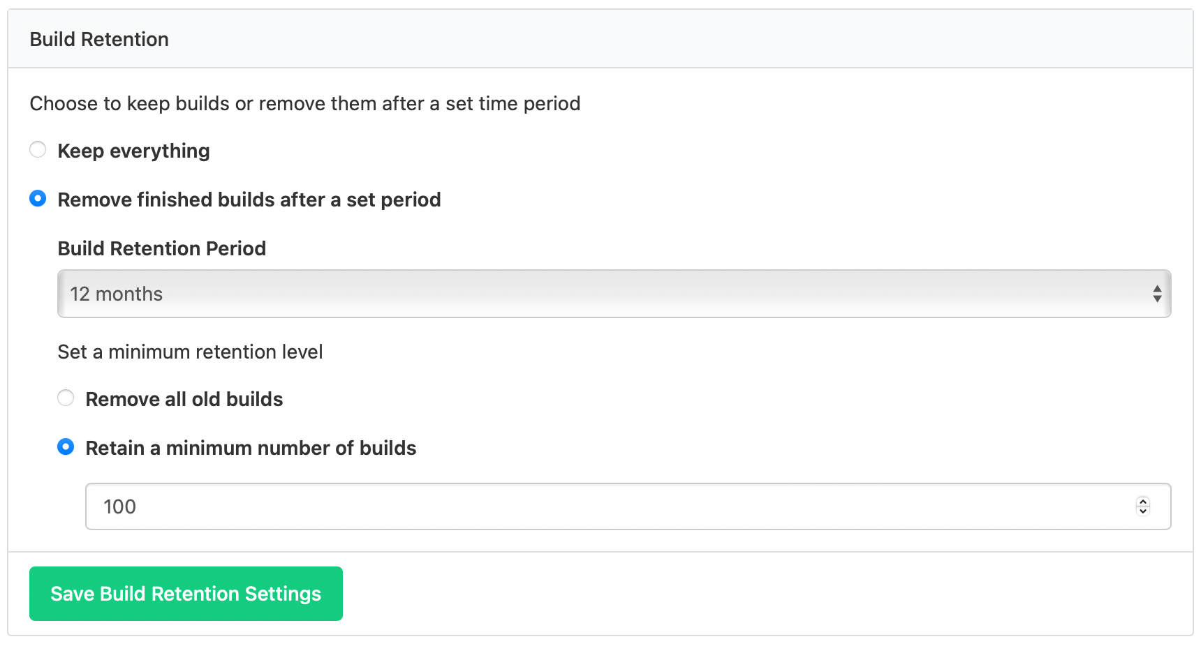 Build retention configuration panel showing options including time period and number of builds to keep
