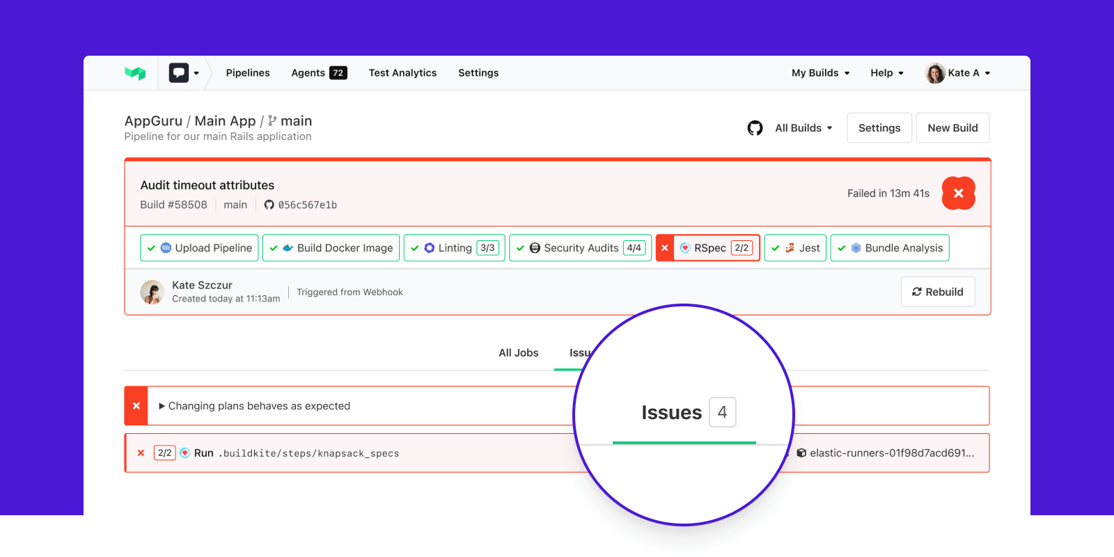 Build page with Issues tab highlighted showing an error annotation and failed job