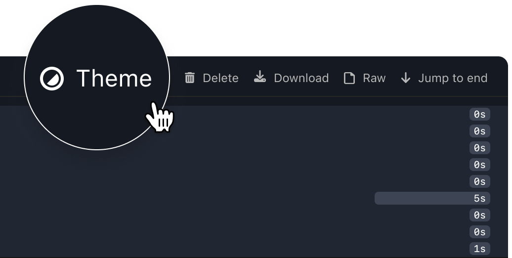 "Theme" button at the top of a job for switching job log themes